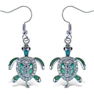 Sparkling Green Sea Turtle Drop Earrings Silver Tone Cute Ocean Animal Jewelry